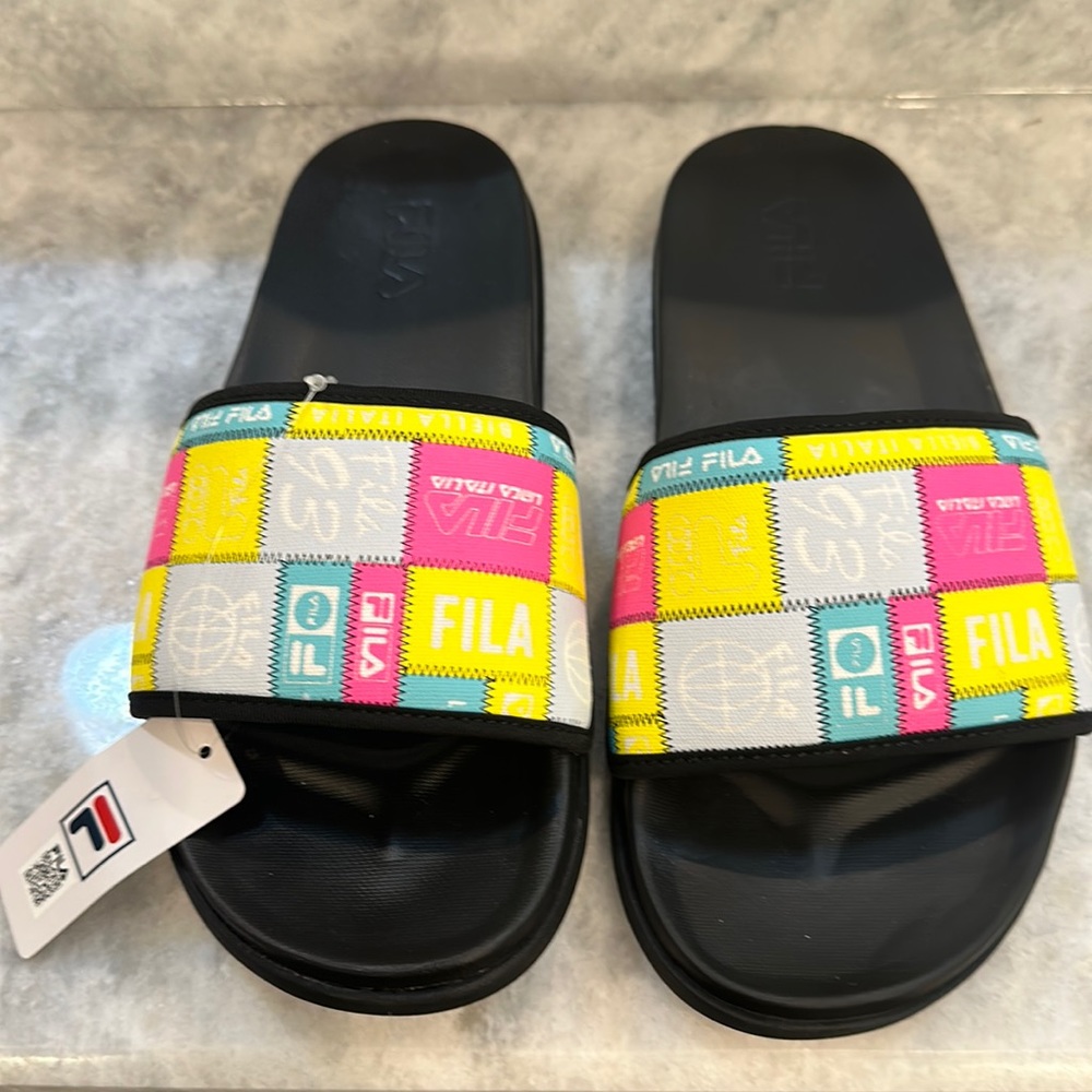 Ladies FILA Drifter Lux Patchwork Slide Sandal - Black Multi - Size 9
